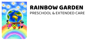 Colorful preschool logo with a rainbow, child, and sun.
